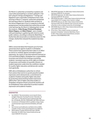 Regional Pressures on Higher Education
On March 3, authorities arrested four students and
a journalist participating in a protest calling for a fair
bail ruling for Chiriga and Ngadziore.10
Chiriga and
Ngadziore were reportedly scheduled to have a bail
hearing on March 1; however, authorities postponed
the hearing to March 4. Students held a protest at
the Harare Magistrate’s Court in response to the bail
postponement and demanded that authorities provide
a fair bail hearing. On March 4, following their arrest,
the students—Falon Dunga, Pritchard Paradzayi,
Glown Magaya, and Allan Chipoyi—were charged
with participating in a gathering with intent to cause
public violence, according to University World News.11
Authorities did not provide an evidentiary basis for the
charges. Authorities released the students two days
later.
***
SAR is concerned about the frequent use of arrests
and prosecutions against students in Zimbabwe.
These actions have apparently been taken in an effort
to restrict or retaliate against nonviolent student
expression. As a party to the International Covenant on
Civil and Political Rights, Zimbabwe has a responsibility
to protect and refrain from limiting or punishing
students’ nonviolent exercise of the rights to freedom
of expression and freedom of assembly. Attacks on
student expression undermine the conditions needed
for quality higher education and democratic society
more generally.
SAR calls on Zimbabwean authorities to refrain
from actions that restrict or punish peaceful student
expression and to demonstrate a commitment to
academic freedom and quality higher education
by protecting and promoting student expression.
SAR further calls on higher education leaders in
Zimbabwe and governments around the world to call
on Zimbabwean state authorities to protect student
expression and academic freedom.
ENDNOTES
1.	 See UNESCO, “Recommendation concerning the Status
of Higher-Education Teaching Personnel,” November 11,
1997, para. 17, http://portal.unesco.org/en/ev.php-URL_
ID=13144URL_DO=DO_TOPICURL_SECTION=201.html.
2.	 Constitution of Zimbabwe (2013), available at https://www.
constituteproject.org/constitution/Zimbabwe_2013.pdf.
3.	 Ibid.
4.	 See Criminal Law (Codification and Reform) Act of 2004,
available at https://zimlii.org/zw/legislation/act/2004/23.
5.	 SAR Academic Freedom Monitoring Project (AFMP),
September 10, 2020, https://www.scholarsatrisk.org/
report/2020-09-10-various/.
6.	 SAR AFMP, September 14, 2020, https://www.scholarsatrisk.
org/report/2020-09-14-unknown/.
7.	 SAR AFMP, September 18, 2020, https://www.scholarsatrisk.
org/report/2020-09-18-various/.
8.	 SAR AFMP, December 7, 2020, https://www.scholarsatrisk.org/
report/2020-12-07-morgan-zintec-teachers-college/.
9.	 SAR AFMP, February 26, 2021, https://www.scholarsatrisk.
org/report/2021-02-26-midlands-state-university-womens-
university-in-africa-chinhoyi-university-of-technology/.
10.	 SAR AFMP, March 3, 2021, https://www.scholarsatrisk.org/
report/2021-03-03-various/.
11.	 Prince Gora, “More student activists arrested and
detained in Zimbabwe,” University World News, March
8, 2021, https://www.universityworldnews.com/post.
php?story=20210308090021290.
99
 