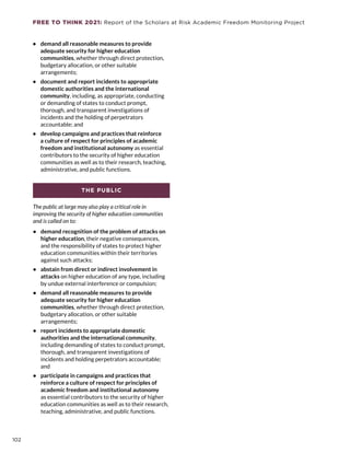 FREE TO THINK 2021: Report of the Scholars at Risk Academic Freedom Monitoring Project
•	 demand all reasonable measures to provide
adequate security for higher education
communities, whether through direct protection,
budgetary allocation, or other suitable
arrangements;
•	 document and report incidents to appropriate
domestic authorities and the international
community, including, as appropriate, conducting
or demanding of states to conduct prompt,
thorough, and transparent investigations of
incidents and the holding of perpetrators
accountable; and
•	 develop campaigns and practices that reinforce
a culture of respect for principles of academic
freedom and institutional autonomy as essential
contributors to the security of higher education
communities as well as to their research, teaching,
administrative, and public functions.
The public at large may also play a critical role in
improving the security of higher education communities
and is called on to:
•	 demand recognition of the problem of attacks on
higher education, their negative consequences,
and the responsibility of states to protect higher
education communities within their territories
against such attacks;
•	 abstain from direct or indirect involvement in
attacks on higher education of any type, including
by undue external interference or compulsion;
•	 demand all reasonable measures to provide
adequate security for higher education
communities, whether through direct protection,
budgetary allocation, or other suitable
arrangements;
•	 report incidents to appropriate domestic
authorities and the international community,
including demanding of states to conduct prompt,
thorough, and transparent investigations of
incidents and holding perpetrators accountable;
and
•	 participate in campaigns and practices that
reinforce a culture of respect for principles of
academic freedom and institutional autonomy
as essential contributors to the security of higher
education communities as well as to their research,
teaching, administrative, and public functions.
THE PUBLIC
102
 