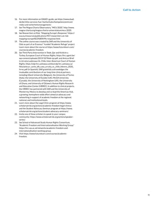 Call to Action
16.	 For more information on DAAD’s guide, see https://www.daad.
de/de/infos-services-fuer-hochschulen/kompetenzzentrum/
risiko-und-sicherheitsmanagement/.
17.	 See The Magna Charta Observatory, “MCU 2020,” http://www.
magna-charta.org/magna-charta-universitatum/mcu-2020.
18.	 See Researchers at Risk, “Mapping Europe’s Response,” https://
eua.eu/resources/publications/947:researchers-at-risk-
mapping-europe%E2%80%99s-response.html.
19.	 The online course was created by SAR and the University of
Oslo as part of an Erasmus
+
-funded “Academic Refuge” project.
Learn more about the course at https://www.futurelearn.com/
courses/academic-freedom.
20.	 See Third Party Intervention in Telek, Şar and Kivilcim v.
Turkey, European Court of Human Rights, https://hrc.ugent.be/
wp-content/uploads/2019/10/Telek-tpi.pdf; and Amicus Brief
in Urrutia Laubreaux Vs. Chile, Inter-American Court of Human
Rights, https://cdp-hrc.uottawa.ca/sites/cdp-hrc.uottawa.ca/
files/amicus-_corte_idh_caso_urrutia_vs._chile_febrero_2020_
hrrec.pdf (in Spanish). SAR gratefully acknowledges the
invaluable contributions of our long-time clinical partners,
including Ghent University (Belgium), the University of Turino
(Italy), the University of Dundee (UK), McGill University
(Canada), the University of Nottingham (UK), the University
of Ghana, and University of Ottawa’s Human Rights Research
and Education Center (HRREC). In addition to clinical projects,
the HRREC has partnered with SAR and the University of
Monterrey, Mexico to develop and co-lead the Americas Hub,
a growing, hemisphere-wide effort aimed at advocacy and
networking in support of academic freedom at the regional,
national, and institutional levels.
21.	 Learn more about the Legal Clinic program at https://www.
scholarsatrisk.org/actions/academic-freedom-legal-clinics/,
and the Student Advocacy Seminar program at https://www.
scholarsatrisk.org/actions/student-advocacy-seminars/.
22.	 Invite one of these scholars to speak to your campus
community: https://www.scholarsatrisk.org/actions/speaker-
series/.
23.	 See School of Advanced Study Human Rights Consortium,
“Academic Freedom and Internationalisation Working Group,”
https://hrc.sas.ac.uk/networks/academic-freedom-and-
internationalisation-working-group.
24.	 Visit https://www.futurelearn.com/courses/academic-
freedom.
11
11
 