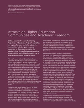 Turkish anti-riot police guard the main gate of the Boğaziçi University
campus in Istanbul. Starting in early January 2021, students and faculty
began protesting President Recep Tayyip Erdoğan’s appointment of
Melih Bulu, a political ally, as the new rector of Boğaziçi, one of Turkey’s
top universities.
Photo: IV. andromeda / Shutterstock.com
Attacks on Higher Education
Communities and Academic Freedom
SAR’s Academic Freedom Monitoring
Project (the “Monitoring Project”) identifies
key types of attacks on higher education
communities with the goal of raising
awareness of the problem, ending the
isolation of survivors of attacks, promoting
accountability, and mitigating, deterring, or
otherwise preventing future incidents.
This year’s report relies on data collected from
September 2020 to August 2021 and includes 332
attacks arising from 272 verified incidents in 65
countries. Sadly, this data sample reflects only a small
subset of all attacks on higher education during that
time. Given the limited resources available, the scope,
variety, and complexity of attacks occurring, and
a common fear among survivors to report attacks,
it should be noted that these figures represent
only a fraction of the total number of attacks. A
comprehensive accounting is not yet possible. Rather,
this report analyzes reported incidents for recurring
themes, regional trends, and common factors that
warrant deeper attention from stakeholders, especially
states, higher education leaders, the media, and civil
society.
For the purpose of this report, “attacks” on higher
education include threats or deliberate use of
violent or coercive force against higher education
institutions and their members, including leadership,
administrators, academic and other staff, and
students. They include intentional acts resulting in
wrongful death, physical harm, loss of liberty, or loss
of professional standing, or resulting in damage or
destruction of higher education institutions, facilities,
or equipment. This definition also includes deliberate
acts of coercion, intimidation, or threats of harm
that undermine institutional autonomy, academic
freedom, and educational functions, but it does not
generally include other infringements of these values
and functions which lack these violent or coercive
dimensions.
Whatever the types of incidents and wherever
they occur, they share common negative outcomes:
they undermine the security of higher education
institutions and personnel, including those directly
targeted and those intimidated or silenced by attacks
on others. They impose restrictions on access to higher
education by targeted and vulnerable individuals and
groups. They undermine research, teaching, and public
discourse, eroding not only academic quality but social,
political, economic, and cultural development. And
insofar as higher education contributes to pedagogy,
materials, and teacher training, attacks on higher
education can undermine education at all levels. They
contribute to “brain drain,” the flight of scholars and
students, as well as to “brain drag,” the “lost personal,
professional, and creative productivity that would
have been, but for the rational fear of retaliation,”
1
undermining national investments in education and
exacerbating inequities within the local and global
knowledge economies. They disrupt increasingly
important flows of higher education staff, students,
and research between countries, depriving everyone
of the fullest benefits of cross-border intellectual
exchange and research.
The Monitoring Project organizes documented
attacks into six categories: killings, violence, and
disappearances; wrongful imprisonment; wrongful
prosecution; loss of position and expulsion from study;
17
 