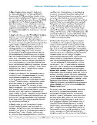 Attacks on Higher Education Communities and Academic Freedom
In Côte d’Ivoire, police arrested 24 students of
the National Institute for the Training of Health
Professionals (INFAS) peacefully protesting for the
payment of their scholarships.
20
Students marched to
the teaching hospital in Bouaké to demand that INFAS
pay 10 months’ worth of scholarships that had not
been disbursed and to make calls for other demands
relating to interns’ compensation and the system of
degrees awarded to students. Police on the scene fired
tear gas and detained 24. The students were released
the next day.
In Egypt, authorities arrested Ahmed Samir Santawy,
a second-year master’s student in sociology and
cultural anthropology at the Central European
University (CEU) in Austria, in apparent retaliation for
his research on women’s rights, including reproductive
rights.
21
Police held Santawy incommunicado for
five days, during which he said he was beaten and
interrogated about his studies and social media
activity. Santawy, an Egyptian citizen, had been
questioned repeatedly by Egyptian border officials
since September 2019 when he began his studies at
CEU and would travel between Austria and Egypt for
family visits. Five months after Santawy’s arrest, on
June 22, the State Security Emergency Misdemeanor
Court sentenced him to 4 years’ imprisonment and a
fine of 500 pounds for publishing “false news.” Verdicts
given by the State Security Emergency Courts cannot
be appealed. On June 23, Santawy began a hunger
strike in protest of his conviction.
In Iran, a court convicted and sentenced University
of Tehran student Leila Hosseinzadeh to five years’
imprisonment and a two-year ban on internet
activities, in apparent retaliation for her nonviolent
activism.
22
Hosseinzadeh is a student union activist
who has previously faced arrest and prosecution
for her protest activities.
23
In this latest incident,
Revolutionary Court Branch 28 charged Hosseinzadeh
with “assembly and collusion to act against national
security,” for her participation in a demonstration
celebrating the birthday of imprisoned student-activist
Mohammad Sharifi Mogadam. Authorities alleged that
demonstrators, who protested peacefully outside the
Sharif University of Technology, chanted anthems of
the banned communist party.
In Russia, police arrested four students from the
Higher School of Economics and Moscow State
University of Civil Engineering in connection with a
video they had posted to an online student magazine
known as Doxa.
24
In the video, the students, who
are editors of Doxa, appealed to students to not fear
*  Learn more about these and other scholars represented in SAR’s Scholars in Prison Project on p. 36.
expulsion from their institutions for participating
in protests in support of opposition leader Alexei
Navalny. A Russian media and communications agency
had ordered the students to remove the video in
January. The students complied with the demand, but
they later filed a lawsuit against the same agency. In
April, police carried out searches of the Doxa office
and the students’ homes before arresting them on
charges of “involving minors in committing illegal
actions.” The students were placed under house arrest,
without internet access , and were barred contact with
anyone other than their lawyers and families, unless
approved by the state. If convicted, they could face up
to three years’ imprisonment.
Scholars and students who have been arrested or
convicted and sentenced to time in prison may be
held in overcrowded cells or solitary confinement,
denied access to appropriate medical care, family, or
legal counsel, and subjected to lengthy interrogations,
abuse, and torture. Throughout the ongoing COVID-19
pandemic, advocates have been especially concerned
about the health and well-being of wrongfully
imprisoned scholars and students, in particular those
who are elderly or have conditions that elevate
their risk of contracting or suffering from the virus.
Concerns about torture, denied medical care, and
the threat of COVID-19 were evident in the above-
mentioned cases of Yemeni Professor Adnan Abdul
Qadir Al-Sharjabi and Egyptian graduate student
Ahmed Samir Santawy. They have also manifested in
other cases of scholars on whose behalf SAR conducts
advocacy, including Bahraini mechanical engineering
lecturer Abduljalil Al-Singace, Indian scholar of English
Literature Gokarakonda Naga (G.N.) Saibaba, Iranian-
Swedish scholar of disaster medicine Ahmadreza
Djalali, Iranian researcher and wildlife conservationist
Niloufar Bayani, and Emirati economist Nasser bin
Ghaith, among others.*
The incidents described above provide a disturbing
accounting of the range of punitive legal actions
scholars and students often suffer in connection
with their research, publications, expressive activity,
and associations. Such actions can leave them with
physical and emotional scars and, in some cases,
destroyed careers. Beyond the immediate harm to
those individual scholars and students, wrongful
imprisonments and prosecutions send a message to
higher education communities and society at large
that expressing ideas or raising questions can result
in grave consequences. As a result, society risks
losing the benefits of a diverse community of scholars
21
21
 