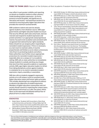 FREE TO THINK 2021: Report of the Scholars at Risk Academic Freedom Monitoring Project
may reflect in part greater visibility and reporting
on attacks on students relative to other attacks.)
Understanding student expression—its forms,
presence around the globe, and significance to
education and society—and working to protect it is
essential to ensuring quality higher education that
provides the maximum societal benefit.
SAR condemns violent and coercive attacks
against students, from whatever source. SAR urges
governments and higher education leaders to ensure
that security officials, both state and private, exercise
restraint and respond to student expression and
protest activities in an appropriate and proportional
manner, focused on de-escalation and consistent with
recognized international human rights standards.
States should not use weapons when responding to
nonviolent student expression.
*
If force is necessary,
as a last resort to maintain safety, it must be
proportionate and limited, so as to reduce unnecessary
risk of harm to protesting students and others.
State authorities must further ensure appropriate
protections for nonviolent student expression—
especially when on a campus or in an academic
setting. SAR calls on state authorities to immediately
release students in custody and drop any charges
that stem from their peaceful academic or expressive
activity. SAR urges higher education leaders to refrain
from taking disciplinary actions against students
in retaliation for or to restrict nonviolent student
expression, inquiry, assembly, or association.
SAR also calls on students engaged in expressive
activity, on or off campus, to do so consistent with
higher education values and human rights principles.
This includes abstaining from using physical violence
to advance the objectives of student expression.
Members of higher education communities and civil
society should commit to respecting the campus space,
both physical and virtual, as a safe, free space, where
ideas can be expressed and debated without fear of
physical harm or undue restriction.
*  The use of less-lethal weapons, including tear gas and baton, while less dangerous than more lethal alternatives, such as firearms,
may nevertheless result in injuries and fatalities, especially when used improperly. See Office of the United Nations Office of the High
Commissioner for Human Rights, “Guidance on Less-Lethal Weapons in Law Enforcement,” 2020, https://www.ohchr.org/Documents/
HRBodies/CCPR/LLW_Guidance.pdf.
ENDNOTES
1.	 Robert Quinn, “Academic Self-Censorship Is a ‘Brain Drag’
on Arab Universities and Societies,” Al-Fanar Media, April 18,
2021, https://www.al-fanarmedia.org/2021/04/academic-self-
censorship-is-a-brain-drag-on-arab-universities-and-societies/.
2.	 SAR Academic Freedom Monitoring Project (AFMP),
November 2, 2020, https://www.scholarsatrisk.org/
report/2020-11-02-kabul-university/.
3.	 SAR AFMP, October 24, 2020, https://www.scholarsatrisk.org/
report/2020-10-24-kawsar-e-danish-educational-center/.
4.	 SAR AFMP, February 17, 2021, https://www.scholarsatrisk.
org/report/2021-02-17-barisal-university/.
5.	 SAR AFMP, June 10, 2021, https://www.scholarsatrisk.org/
report/2021-06-10-nuhu-bamalli-polytechnic/.
6.	 SAR AFMP, December 16, 2020, https://www.scholarsatrisk.
org/report/2020-12-16-al-manara-university-college/.
7.	 “Iraq: ‘Series of assassinations’ feared after professor killed,”
Al Jazeera, December 17, 2020, https://www.aljazeera.com/
news/2020/12/17/iraqs-human-rights-commission-slam-
killing-of-prominent-academic.
8.	 SAR AFMP, December 5, 2020, https://www.scholarsatrisk.org/
report/2020-12-05-university-of-aden/.
9.	 SAR AFMP, November 1, 2020, https://www.scholarsatrisk.
org/report/2020-11-01-university-of-malaya/.
10.	 SAR AFMP, October 10, 2020, https://www.scholarsatrisk.org/
report/2020-10-01-national-university-of-san-marcos/.
11.	 Dan Collyns, “Squatters issue death threats to archaeologist
who discovered oldest city in the Americas,” The Guardian,
January 3, 2021, https://www.theguardian.com/world/2021/
jan/03/squatters-ancient-ruins-peru-death-threats-
archeologist-caral.
12.	 SAR AFMP, October 2, 2020, https://www.scholarsatrisk.org/
report/2020-10-02-ecole-normale-superieure/.
13.	 SAR AFMP, February 18, 2021, https://www.scholarsatrisk.
org/report/2021-02-18-university-of-toamasina/.
14.	 SAR AFMP, April 22, 2021, https://www.scholarsatrisk.org/
report/2021-04-22-unaffiliated/.
15.	 SAR AFMP, May 20, 2021, https://www.scholarsatrisk.org/
report/2021-05-20-university-of-sao-paulo/.
16.	 SAR AFMP, May 3, 2021, https://www.scholarsatrisk.org/
report/2021-05-03-university-of-sao-paulo/.
17.	 SAR AFMP, September 23, 2020, https://www.scholarsatrisk.
org/report/2020-09-23-ton-duc-thang-university/.
18.	 SAR AFMP, September 9, 2020, https://www.scholarsatrisk.
org/report/2020-09-09-sanaa-university/.
19.	 See SAR, Free to Think 2020 (November 2020), pp. 31-37,
https://www.scholarsatrisk.org/resources/free-to-think-2020/.
20.	 SAR AFMP, October 13, 2020, https://www.scholarsatrisk.
org/report/2020-10-13-national-institute-for-the-training-of-
health-professionals/.
21.	 SAR AFMP, February 1, 2021, https://www.scholarsatrisk.
org/report/2021-02-01-central-european-university/. See
also Santawy’s profile on SAR’s website, at: https://www.
scholarsatrisk.org/actions/ahmed-samir-santawy-egypt/.
22.	 SAR AFMP, February 22, 2021, https://www.scholarsatrisk.
org/report/2021-02-22-university-of-tehran/.
23.	 SAR AFMP, March 11, 2018, https://www.scholarsatrisk.org/
report/2018-03-11-university-of-tehran/.
24.	 SAR AFMP, April 14, 2021, https://www.scholarsatrisk.org/
report/2021-04-14-various/.
25.	 SAR AFMP, September 9, 2020, https://www.scholarsatrisk.
org/report/2020-09-09-dhaka-university/.
26.	 SAR AFMP, April 21, 2021, https://www.scholarsatrisk.
org/report/2021-04-21-university-of-national-and-world-
economy/.
32
32
 