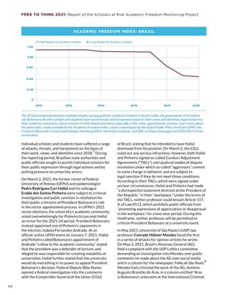 FREE TO THINK 2021: Report of the Scholars at Risk Academic Freedom Monitoring Project
Individual scholars and students have suffered a range
of attacks, threats, and harassment on the basis of
their work, views, and identities since 2018.
7
During
the reporting period, Brazilian state authorities and
public officials sought to punish individual scholars for
their public expression through legal actions and by
putting pressure on university actors.
On March 2, 2021, the former rector of Federal
University of Pelotas (UFPel) and epidemiologist
Pedro Rodrigues Curi Hallal and his colleague
Eraldo dos Santos Pinheiro were subject to criminal
investigation and public sanction in retaliation for
their public criticisms of President Bolsonaro’s role
in the rector appointment process. In UFPel’s 2021
rector elections, the university’s academic community
voted overwhelmingly for Pinheiro to succeed Hallal
as rector for the 2021-24 period. President Bolsonaro
instead appointed one of Pinheiro’s opponents in
the election, Isabela Fernandes Andrade. At an
official, online UFPel event on January 7, 2021, Hallal
and Pinheiro called Bolsonaro’s appointment of
Andrade “a blow to the academic community,” stated
that the president was a defender of torture, and
alleged he was responsible for creating instability at
universities. Hallal further stated that the university
would do everything in its power to appeal President
Bolsonaro’s decision. Federal Deputy Bibo Nunes
opened a federal investigation into the comments
with the Comptroller General of the Union (CGU)
of Brazil, stating that he intended to have Hallal
dismissed from his position. On March 2, the CGU
ruled out any serious infractions; however, both Hallal
and Pinheiro signed so-called Conduct Adjustment
Agreements (“TACs”), extrajudicial modes of dispute
resolution under which so-called “aggressors” commit
to some change in behavior, and are subject to
legal sanction if they do not meet those conditions.
According to their TACs, which were signed under
unclear circumstances, Hallal and Pinheiro had made
“a disrespectful statement directed at the President of
the Republic,” in their “workplace.” Under the terms of
the TACs, neither professor could breach Article 117,
V, of Law 8112, which prohibits public officials from
“promoting expressions of appreciation or disapproval
in the workplace,” for a two-year period. During this
timeframe, neither professor will be permitted to
criticize President Bolsonaro at a university event.
In May 2021, University of São Paulo’s (USP) law
professor Conrado Hübner Mendes faced the first
in a series of attacks for opinion articles he wrote.
On May 3, 2021, Brazil’s Attorney General (AG)
filed a complaint with the USP’s ethics committee
demanding an investigation into Mendes over public
comments he made about the AG over social media
and in a column for the newspaper, Folha de São Paulo.8
Mendes had criticized the work of the AG, Antônio
Augusto Brandão de Aras, in a column entitled “Aras
is Bolsonaro’s anteroom at the International Criminal
ACADEMIC FREEDOM INDEX: BRAZIL
The 2018 presidential elections marked a drastic turning point for academic freedom in Brazil. Under the government of President
Jair Bolsonaro, Brazil’s scholars and students have faced threats and harassment based on their views and identities, legal actions for
their academic expression, and an erosion of institutional autonomy, especially in the rector appointments process. Learn more about
the above data, made available by the Academic Freedom Index, a tool co-developed by the Global Public Policy Institute (GPPi), the
Friedrich-Alexander-Universität Erlangen-Nürnberg (FAU), the V-Dem Institute, and SAR, at https://www.gppi.net/2021/03/11/free-
universities.
2010 2012 2014 2016 2018 2020
0 = Low Respect for Academic Freedom
1 = High Respect for Academic Freedom
0
1.00
0.20
0.60
0.40
0.80
54
 