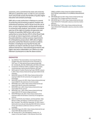 Regional Pressures on Higher Education
autonomy, and a commitment by state and university
officials to uphold the same, in order to carry out their
work and provide society the benefits of quality higher
education and scholarly exchange.
SAR calls on state authorities in Pakistan to commit
to protecting and promoting academic freedom and
institutional autonomy, and to refrain from the use of
force, arrests, imprisonment, and the death sentence
in connection with students’ and scholars’ nonviolent
exercise of the rights to freedom of expression and
freedom of assembly. SAR further calls on state
authorities to revise Section 295-C of the Penal Code
to include an intent requirement, and specific and
focused evidentiary and due-process requirements
for all blasphemy prosecutions. SAR calls on higher
education authorities likewise to protect academic
freedom, including by ensuring that faculty and
students can inquire and discuss issues of the day
without interference. International governments and
higher education stakeholders are called on to urge
Pakistani counterparts to take the above actions.
ENDNOTES
1.	 See UNESCO, “Recommendation concerning the Status
of Higher-Education Teaching Personnel,” November 11,
1997, para. 17, http://portal.unesco.org/en/ev.php-URL_
ID=13144URL_DO=DO_TOPICURL_SECTION=201.html.
2.	 Constitution of Pakistan (2015), available at https://www.
constituteproject.org/constitution/Pakistan_2015.pdf.
3.	 SAR Academic Freedom Monitoring Project (AFMP), January
6, 2021, https://www.scholarsatrisk.org/report/2021-01-06-
unknown/.
4.	 SAR AFMP, January 25, 2021, https://www.scholarsatrisk.
org/report/2021-01-25-university-of-management-and-
technology/.
5.	 SAR AFMP, January 26, 2021, https://www.scholarsatrisk.org/
report/2020-01-26-university-of-central-punjab/.
6.	 SAR AFMP, June 1, 2021, https://www.scholarsatrisk.org/
report/2021-06-01-university-of-peshawar/.
7.	 SAR AFMP, July 1, 2021, https://www.scholarsatrisk.org/
report/2021-07-01-various/.
8.	 SAR AFMP, July 7, 2021, https://www.scholarsatrisk.org/
report/2021-07-07-islamia-college-peshawar/.
9.	 SAR AFMP, March 20, 2021, https://www.scholarsatrisk.
org/report/2021-03-20-lahore-university-of-management-
sciences.
10.	 Zoha Fareed Chishti, Aiza Nadeem, and Zainaab Basil, “(No)
Memory of War and Violence: Conference Series on 1971
War Cancelled,” The LUMS Post, September 13, 2021, https://
dailystudent.lums.edu.pk/index.php/2021/09/13/no-memory-
of-war-and-violence-conference-series-on-1971-war-
cancelled/.
11.	 SAR AFMP, August 26, 2021, https://www.scholarsatrisk.org/
report/2021-08-26-punjab-university/.
12.	 See “Section 295-C. Use of derogatory remarks, etc., in
respect of the Holy Prophet,” in the Pakistan Penal Code
(1860), available at https://www.ilo.org/dyn/natlex/docs/
ELECTRONIC/64050/88951/F1412088581/PAK64050%20
2017.pdf.
13.	 SAR AFMP, April 13, 2017, https://www.scholarsatrisk.org/
report/2017-04-13-abdul-wali-khan-university/.
14.	 SAR AFMP, April 17, 2014, https://www.scholarsatrisk.org/
report/2014-04-17-bahauddin-zakariya-university-multan-
pakistan/.
15.	 SAR AFMP, May 7, 2021, https://www.scholarsatrisk.org/
report/2014-05-07-bahauddin-zakariya-university-multan-
pakistan/.
83
 