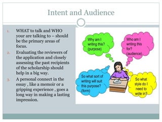 Intent and Audience
1. WHAT to talk and WHO
your are talking to – should
be the primary areas of
focus.
2. Evaluating the reviewers of
the application and closely
assessing the past recipients
of the scholarship should
help in a big way.
3. A personal connect in the
essay , like a memoir or a
gripping experience , goes a
long way in making a lasting
impression.
 