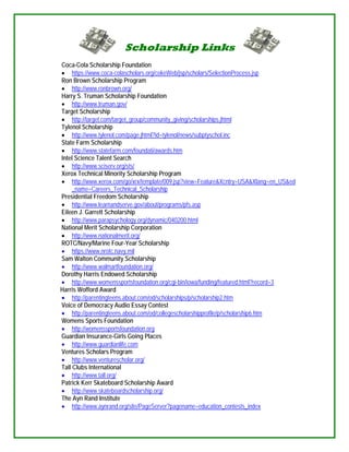 Scholarship Links
Coca-Cola Scholarship Foundation
 https://www.coca-colascholars.org/cokeWeb/jsp/scholars/SelectionProcess.jsp
Ron Brown Scholarship Program
 http://www.ronbrown.org/
Harry S. Truman Scholarship Foundation
 http://www.truman.gov/
Target Scholarship
 http://target.com/target_group/community_giving/scholarships.jhtml
Tylenol Scholarship
 http://www.tylenol.com/page.jhtml?id=tylenol/news/subptyschol.inc
State Farm Scholarship
 http://www.statefarm.com/foundati/awards.htm
Intel Science Talent Search
 http://www.sciserv.org/sts/
Xerox Technical Minority Scholarship Program
 http://www.xerox.com/go/xrx/template/009.jsp?view=Feature&Xcntry=USA&Xlang=en_US&ed
     _name=Careers_Technical_Scholarship
Presidential Freedom Scholarship
 http://www.learnandserve.gov/about/programs/pfs.asp
Eileen J. Garrett Scholarship
 http://www.parapsychology.org/dynamic/040200.html
National Merit Scholarship Corporation
 http://www.nationalmerit.org/
ROTC/Navy/Marine Four-Year Scholarship
 https://www.nrotc.navy.mil
Sam Walton Community Scholarship
 http://www.walmartfoundation.org/
Dorothy Harris Endowed Scholarship
 http://www.womenssportsfoundation.org/cgi-bin/iowa/funding/featured.html?record=3
Harris Wofford Award
 http://parentingteens.about.com/od/scholarships/p/scholarship2.htm
Voice of Democracy Audio Essay Contest
 http://parentingteens.about.com/od/collegescholarshipprofile/p/scholarship6.htm
Womens Sports Foundation
 http://womenssportsfoundation.org
Guardian Insurance-Girls Going Places
 http://www.guardianlife.com
Ventures Scholars Program
 http://www.venturescholar.org/
Tall Clubs International
 http://www.tall.org/
Patrick Kerr Skateboard Scholarship Award
 http://www.skateboardscholarship.org/
The Ayn Rand Institute
 http://www.aynrand.org/site/PageServer?pagename=education_contests_index
 