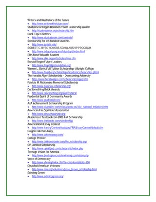Writers and Illustrators of the Future
 http://www.writersofthefuture.com/
Students for Organ Donation Youth Leadership Award
 http://studentdonor.org/scholarship.htm
Duck Tape Contests
 http://www.stuckatprom.com/contests/
Scholarship for left-handed students
 http://www.juniata.edu/
ROBERT C. BYRD HONORS SCHOLARSHIP PROGRAM
 http://www.ed.gov/programs/iduesbyrd/index.html
Elks Most Valuable Student
 http://www.elks.org/enf/scholars/mvs.cfm
Ronald Regan Future Leaders
 http://www.thephillipsfoundation.org/
Warren L. Davis Full Tuition Scholarship- Albright College
 http://www.finaid.org/scholarships/academicscholarships.phtml
The Horatio Alger Scholarship – Overcoming Adversity
 https://www.horatioalger.com/scholarships/apply.cfm
Patricia M. McNamara Memorial Scholarship
 http://www.patricias-scholarship.org/
Do Something Brick Awards
 http://www.dosomething.org/awards/brick/
Prudential Spirit of Community Awards
 http://www.prudential.com/
AxA Achievement Scholarship Program
 http://www.axaonline.com/rs/axa/about-us/33a_National_Initiatives.html
American Fire Sprinkler Association
 http://www.afsascholarship.org/
Akademos / Textbookcom 2006 Fall Scholarship
 http://www.textbookx.com/scholarship/
Americanism Essay Contest
 http://www.fra.org/Content/fra/AboutFRA/EssayContest/default.cfm
Calgon Take Me Away
 http://www.takemeaway.com/
College Prowler
 http://www.collegeprowler.com/the_scholarship.asp
OP LoftBed Scholarship
 http://www.oploftbed.com/scholarship/index.php
Teenage Vision for America
 http://www.bestkeptsecretsforwinning.com/vision.php
Voice of Democracy
 http://www.vfw.org/index.cfm?fa=cmty.leveld&did=150
Disabled American Veterans
 http://www.dav.org/volunteers/jesse_brown_scholarship.html
Echoing Green
 http://www.echoinggreen.org/
 