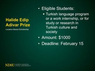 • Eligible Students:
Halide Edip
Adivar Prize
Location-Based Scholarship

 Turkish language program
or a work internship, or for
study or research in
Turkish culture and
society

• Amount: $1000
• Deadline: February 15

 