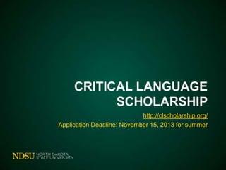 CRITICAL LANGUAGE
SCHOLARSHIP
http://clscholarship.org/
Application Deadline: November 15, 2013 for summer

 