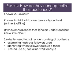 Results: How do they conceptualize
their audiences?
Known vs. Unknown
Known: Individuals known personally and well
(online & offline)
Unknown: Audiences that scholars understood but
knew little about.
Strategies used to gain understanding of audience:
•  examining hashtags followers used
•  identifying when followers followed them
•  (limited use of) social network analysis
 