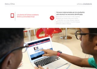 Los jóvenes de Scholas ciudadanía
tienen su comunidad virtual
Acciones implementadas por los estudiantes
para alcanzar las soluciones identiﬁcadas
Campañas de concientización en Salta (Argentina)
Maratón para recaudar fondos para el hospital
de San Martín de los Andes (Neuquén, Argentina)
Campamento intercolegial en Asunción (Paraguay)
Maratón solidaria en Paraguay.
Datos y Cifras scholas.ciudadanía
 
