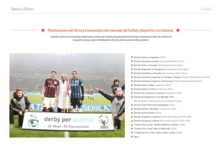 Datos y Cifras FutVal
Plantaciones del Olivo y transmisión del mensaje de FutVal y Deportes con Valores
Scholas convoca a los principales deportistas y artistas del mundo para que planten el olivo que representa en todas las culturas el
encuentro y la paz y sean multiplicadores de estos valores para los niños y jóvenes.
Partido Italia vs Argentina (2013)
Partido Colombia vs Chile (Eliminatorias Brasil 2014)
Partido Chile vs Ecuador (Eliminatorias Brasil 2014)
Partido Argentina vs Paraguay (Eliminatorias Brasil 2014)
Partido Colombia vs Ecuador (Eliminatorias Brasil 2014)
Partido Amistoso Argentiva vs Trinidad y Tobago (Previo al Mundial Brasil 2014)
Partido Amistoso Argentiva vs Eslovenia (Previo al Mundial Brasil 2014)
Partido River vs Boca (Argentina, 2014)
Partido Racing vs River (Argentina, 2014)
Partido San Lorenzo vs Huracán (Argentina, 2015)
Partido de Integración en el Mundial 2014
(Río de Janeiro, Brasil, junto a la Fundación Forever)
Torneo Cuatro Naciones de Basquet (2015)
Partido de Polo "80 Goles" (Argentina, 2015)
Partido de Polo Miami (2015)
Partido Argentina vs Bolivia (Eliminatorias Rusia 2018, 2016)
Partido Paraguay vs Brasil (Eliminatorias Rusia 2018, 2016)
"Clásico Por La Paz" Atlético Madrid vs Sevilla (2016)
"Clásico Por la Paz" Inter vs Milan AC (2016)
2 "Clásicos Por la Paz" junto a River y Boca (2016)
Otros
 