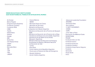 · Caritas
· B'nai B'rith
· Centro Islámico de la República Argentina
· Vicaría para la Pastoral de Villas de Emergencia
· Abuelos Solidarios
· Acción Católica Argentina
· Advanced Leadership Foundation
· AEGAMA
· Animando Vidas
· Azul solidario
· C UNITY IN DIVERSITI
· CONIN
· COPE
· Crear Vale La Pena
· Dancing for the Millenium Goals
· DIOSECLANA
· FIRJAM
· Fundación Arte con Voz
· Fundación Avanzi
· Fundación Evolución
· Fundación Favaloro
· Fundación Grupo Sancor Seguros
· Fundartis
· Generarte
· Grupo Girola
· Ineco
¡Agradecemos a quienes nos apoyan!
REDES EDUCATIVAS E INSTITUCIONES
QUE HACEN POSIBLE EL TRABAJO DE SCHOLAS EN EL MUNDO
· Air Europa
· Banco Popular
· Droguería Suizo-Argentina
· Fundación Carrefour
· Fundación IRSA
· HSBC
· Toyota
· Global News
· Globant
· Google
· IBM
· Studio Dav
· The Papaya Group
· Topper
· Weber
· Mercedes Benz
· BID
· CAF
· FAO
· UNICEF
· Cascos Blancos
· SBASE
· Municipio Duque de Caixas
· Municipio de San Isidro
· Ministerio de Educación
· Minsiterio de Educación de la Provincia de Neuquén
· NQN
· Ministerio de Educación de la Provincia de La Rioja
· Intendencia de Rosario de Lerma (Salta, Argentina)
· Intendencia de San Martín de los Andes
(Neuquén, Argentina),
· Ministerio Nacional de Educación de Paraguay
· Arzobispado de Madrid y Ministerio Nacional
de Educación de Haití
y Deportes de la Nación Argentina
 