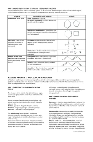 SLRM/JRBM| 11
PART 6. PROPERTIES OF ORGANIC COMPOUNDS ARISING FROM STRUCTURE
Organic Chemistry is not without properties specific for its discussion. The following are terms that describe an organic
compound based on their structure alone (and not their function or innate chemical properties).
Property Classification of the property Example
Ring closure/ being cyclic Linear compounds – no ring.
Carbocyclic compounds are those whose ring
consists entirely of carbon.
Heterocyclic compounds are those whose ring
consists of at least one atom other than carbon
(aka heteroatom).
Saturation - refers to the
saturation of content of
hydrogen atoms in the
compound.
Saturated – no wasted double or triple bond
(wasted instead of being used to bond to
hydrogen)
Unsaturated – double or triple bond exists and
wastes maximum bonding with more
hydrogens.
Multiple double bond
pattern – how many single
bonds separate two double
bonds?
Conjugated – there is exactly one single bond
in between two or more double bonds.
Isolated – there is no single bond in between
the two double bonds.
Cumulated – there is more than one single
bond in between the two double bonds.
REVIEW PROPER 1: MOLECULAR ANATOMY
While there is a blurry division between topics focused in this review topic and the second, the goal of this particular
portion is to introduce the very structure and behavior of a single atom or compound while the second focuses on how an
atom or compound behaves towards others.
PART 1. SUB-ATOMIC PARTICLES AND THE ATOMIC
MODEL
The structure of the atom is first tackled in order to get a
clearer idea going into the reactivity of actoms towards
each other.
Atoms are generally understood to contain three sub-
atomic particles classified according to their charge (or
absence of):
Protons - positively charged subatomic particles.
Electrons - negatively charged subatomic particles.
Neutrons - chargeless subatomic particles.
The atomic model is the generally understood
composition and structural property of the atom, with
regard to its subatomic particles, their location, number
and reactivity.
Two statements from it important in organic chemistry:
1) The atom is electrically neutral having equal number of
protons and electrons to minimize its potential electric
energy (and attain stability);
2) Electrons are distributed in energy levels, and
moreover have so much to deal with the atom’s behavior
towards other atoms. Do not forget that opposite
charges attract.
PART 2. CHEMICAL BONDING AND QUANTUM
NUMBERS
Electrons are the ones responsible for the creation of the
chemical bonds we know (aka covalent and ionic bonds).
However, be clarified that bonds in chemistry are not all
chemical bonds.
Chemical bond – a combination of electrons from two
different atoms that is permanent and forms a new
identity (ex. Oxygen and two hydrogens form water by
chemical bonding). The most known chemical bonds are
the covalent and ionic bonds.
Physical bond – a.k.a. forces of attraction - “weaker”
bonds that are temporary and determine only the
compactness of a compound and not identity (ex. Water
vapor has weak physical bonds, liquid water has stronger
physical bonds,and ice has the strongest physical bonds).
 