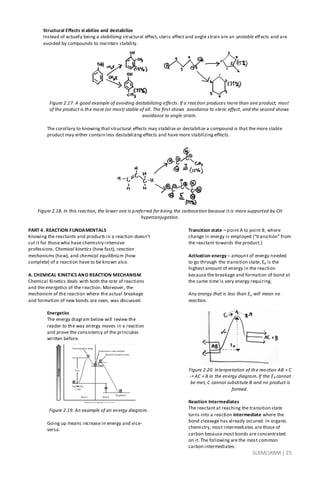 SLRM/JRBM| 25
Structural Effects stabilize and destabilize
Instead of actually being a stabilizing structural effect, steric effect and angle strain are an unstable effects and are
avoided by compounds to maintain stability.
Figure 2.17. A good example of avoiding destabilizing effects. If a reaction produces more than one product, most
of the product is the more (or most) stable of all. The first shows avoidance to steric effect, and the second shows
avoidance to angle strain.
The corollary to knowing that structural effects may stabilize or destabilize a compound is that the more stable
product may either contain less destabilizing effects and have more stabilizing effects.
Figure 2.18. In this reaction, the lower one is preferred for being the carbocation because it is more supported by CH
hyperconjugation.
PART 4. REACTION FUNDAMENTALS
Knowing the reactants and products in a reaction doesn’t
cut it for those who have chemistry-intensive
professions. Chemical kinetics (how fast), reaction
mechanisms (how), and chemical equilibrium (how
complete) of a reaction have to be known also.
A. CHEMICAL KINETICS AND REACTION MECHANISM
Chemical Kinetics deals with both the rate of reactions
and the energetics of the reaction. Moreover, the
mechanism of the reaction where the actual breakage
and formation of new bonds are seen, was discussed.
Energetics
The energy diagram below will review the
reader to the way energy moves in a reaction
and prove the consistency of the principles
written before.
Figure 2.19. An example of an energy diagram.
Going up means increase in energy and vice-
versa.
Transition state – point A to point B, where
change in energy is employed (“transition” from
the reactant towards the product.)
Activation energy – amount of energy needed
to go through the transition state. Ea is the
highest amount of energy in the reaction
because the breakage and formation of bond at
the same time is very energy requiring.
Any energy that is less than Ea will mean no
reaction.
Figure 2.20. Interpretation of the reaction AB + C
-> AC + B in the energy diagram. If the EA cannot
be met, C cannot substitute B and no product is
formed.
Reaction Intermediates
The reactant at reaching the transition state
turns into a reaction intermediate where the
bond cleavage has already occured. In organic
chemistry, most intermediates are those of
carbon because most bonds are concentrated
on it. The following are the most common
carbon intermediates:
 