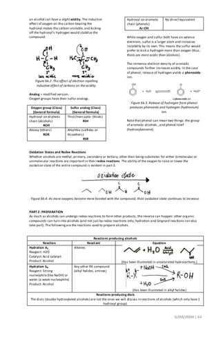 SLRM/JRBM| 44
an alcohol can have a slight acidity. The inductive
effect of oxygen on the carbon bearing the
hydroxyl makes the carbon unstable, and kicking
off the hydroxyl’s hydrogen would stabilize the
compound.
Figure 6b.2. The effect of electron repelling
inductive effect of carbons on the acidity.
Analog – modified version.
Oxygen groups have their sulfur analogs.
Oxygen group (Class)
(General formula)
Sulfur analog (Class)
(General formula)
Hydroxyl on aliphatic
chain (alcohols)
ROH
Thiol/mercapto- (thiols)
RSH
Alkoxy (ethers)
ROR
Alkylthio (sulfides or
thioethers)
RSR
Hydroxyl on aromatic
chain (phenols)
Ar-OH
No direct equivalent
While oxygen and sulfur both have six valence
electrons, sulfur is a larger atom and increases
instability by its own. This means the sulfur would
prefer to kick a hydrogen more than oxygen (thus,
thiols are more acidic than alcohols).
The immense electron density of aromatic
compounds further increases acidity. In the case
of phenol, release of hydrogen yields a phenoxide
ion.
Figure 6b.3. Release of hydrogen from phenol
produces phenoxide and hydrogen (hydronium)
ion.
Note that phenol can mean two things: the group
of aromatic alcohols , and phenol itself
(hydroxybenzene).
Oxidation States and Redox Reactions
Whether alcohols are methyl, primary, secondary or tertiary, other than being substrates for either bimolecular or
unimolecular reactions are important in their redox reactions. The ability of the oxygen to raise or lower the
oxidation state of the entire compound is evident in part 3.
Figure 6b.4. As more oxygens become more bonded with the compound, their oxidation state continues to increase.
PART 2: PREPARATION
As much as alcohols can undergo redox reactions to form other products, the reverse can happen: other organic
compounds can turn into alcohols (and not just by redox reactions only; hydration and Grignard reactions can also
take part). The followingare the reactions used to prepare alcohols.
Reactions producing alcohols
Reaction Reactant Equation
Hydration AE
Reagent: H2O
Catalyst: Acid catalyst
Product: Alcohol
Alkenes
(Has been illustrated in unsaturated hydrocarbons.)
Hydration SN
Reagent: Strong
nucleophile (like NaOH) or
water (a weak nucleophile)
Product: Alcohol
Any other RX compound
(alkyl halides, amines)
(Has been illustrated in alkyl halides)
Reactions producing diols
The diols (double hydroxylated alcohols) are not the ones we will discuss in reactions of alcohols (which only have 1
hydroxyl group).
 
