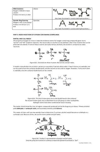 SLRM/JRBM| 45
Mild Oxidation
Reagent: KMnO4 in basic
solvent
Product: Vicinal (1,2-) diol
Alkene
(Has been illustrated in unsaturated hydrocarbons.)
Epoxide Ring Opening
Reagent: H2O, acid catalyst
Product: Vicinal (or 1,2-)
diol
Epoxides
(Has been illustrated in unsaturated hydrocarbons.)
PART 3: REDOX REACTIONS OF OXYGEN-CONTAINING COMPOUNDS
PARTIAL AND FULL REDOX
The property of oxygen to raise or lower the oxidation state of all oxygen-containing compounds gives rise to
“partial” and “full” oxidation reactions. The reason why an alcohol can be oxidized is that it has H atoms that can be
polarized and altered. If none of these h atoms exist (aka tertiary alcohols), the alcohol is unreactive to redox
reactions.
Figure 6b.5. Encircled are those H atoms that can be used for redox.
It matters now whether the alcohol is primary or secondary if we talk about redox. If two H atoms are available, one
can be used to form the carbonyl double bond, and the second can be used to oxygen. However, if only one H atom
is available, only the carbonyl double bond can be created.
Figure 6b.6. The first H atom gives rise to the double bond in the carbonyl.
The second H atom gives rise to attachment to an OH group or other nucleophiles.
Hydrogen atoms have been numbered for easier tracking.
The reader should know the class of organic compounds produced just by the diagramjust above. Primary alcohols
yield aldehydes or carboxylic acids, and secondary alcohols yield ketones.
This seems all clear until one may wonder how to determine if a primary alcohol would become an aldehyde or a
carboxylic acid. Because of this, we use the terms partial and full redox.
Figure 6b.7. Author’s representation of partial and full redox.
Only the jump from alcohol to carboxyl compounds (forward and back) is “full”.
 