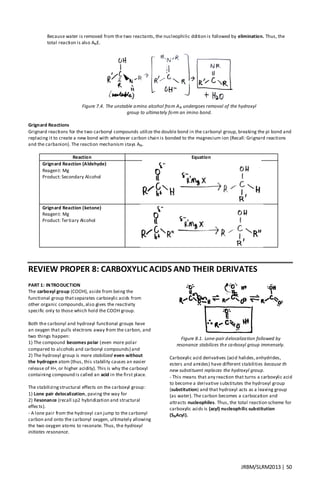 JRBM/SLRM2013 | 50
Because water is removed from the two reactants, the nucleophilic ddition is followed by elimination. Thus, the
total reaction is also ANE.
Figure 7.4. The unstable amino alcohol from AN undergoes removal of the hydroxyl
group to ultimately form an imino bond.
Grignard Reactions
Grignard reactions for the two carbonyl compounds utilize the double bond in the carbonyl group, breaking the pi bond and
replacing it to create a new bond with whatever carbon chain is bonded to the magnesium ion (Recall: Grignard reactions
and the carbanion). The reaction mechanism stays AN.
Reaction Equation
Grignard Reaction (Aldehyde)
Reagent: Mg
Product: Secondary Alcohol
Grignard Reaction (ketone)
Reagent: Mg
Product: Tertiary Alcohol
REVIEW PROPER 8: CARBOXYLIC ACIDS AND THEIR DERIVATES
PART 1: INTRODUCTION
The carboxyl group (COOH), aside from being the
functional group thatseparates carboxylic acids from
other organic compounds,also gives the reactivity
specific only to those which hold the COOH group.
Both the carbonyl and hydroxyl functional groups have
an oxygen that pulls electrons away from the carbon, and
two things happen:
1) The compound becomes polar (even more polar
compared to alcohols and carbonyl compounds) and
2) The hydroxyl group is more stabilized even without
the hydrogen atom (thus, this stability causes an easier
release of H+, or higher acidity). This is why the carboxyl
containing compound is called an acid in the first place.
The stabilizingstructural effects on the carboxyl group:
1) Lone pair delocalization, paving the way for
2) Resonance (recall sp2 hybridization and structural
effects).
- A lone pair from the hydroxyl can jump to the carbonyl
carbon and onto the carbonyl oxygen, ultimately allowing
the two oxygen atoms to resonate. Thus, the hydroxyl
initiates resonance.
Figure 8.1. Lone-pair delocalization followed by
resonance stabilizes the carboxyl group immensely.
Carboxylic acid derivatives (acid halides,anhydrides,
esters and amides) have different stabilities because th
new substituent replaces the hydroxyl group.
- This means that any reaction that turns a carboxylic acid
to become a derivative substitutes the hydroxyl group
(substitution) and that hydroxyl acts as a leaving group
(as water). The carbon becomes a carbocation and
attracts nucleophiles. Thus, the total reaction scheme for
carboxylic acids is (acyl) nucleophilic substitution
(SNAcyl).
 