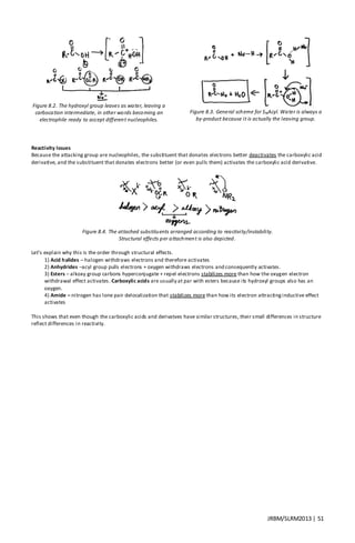 JRBM/SLRM2013 | 51
Figure 8.2. The hydroxyl group leaves as water, leaving a
carbocation intermediate, in other words becoming an
electrophile ready to accept different nucleophiles.
Figure 8.3. General scheme for SNAcyl. Water is always a
by-product because it is actually the leaving group.
Reactivity Issues
Because the attacking group are nucleophiles, the substituent that donates electrons better deactivates the carboxylic acid
derivative, and the substituent that donates electrons better (or even pulls them) activates the carboxylic acid derivative.
Figure 8.4. The attached substituents arranged according to reactivity/instability.
Structural effects per attachment is also depicted.
Let’s explain why this is the order through structural effects.
1) Acid halides – halogen withdraws electrons and therefore activates
2) Anhydrides –acyl group pulls electrons + oxygen withdraws electrons and consequently activates.
3) Esters – alkoxy group carbons hyperconjugate + repel electrons stabilizes more than how the oxygen electron
withdrawal effect activates. Carboxylic acids are usually at par with esters because its hydroxyl groups also has an
oxygen.
4) Amide – nitrogen has lone pair delocalization that stabilizes more than how its electron attractinginductive effect
activates
This shows that even though the carboxylic acids and derivatves have similar structures, their small differences in structure
reflect differences in reactivity.
 