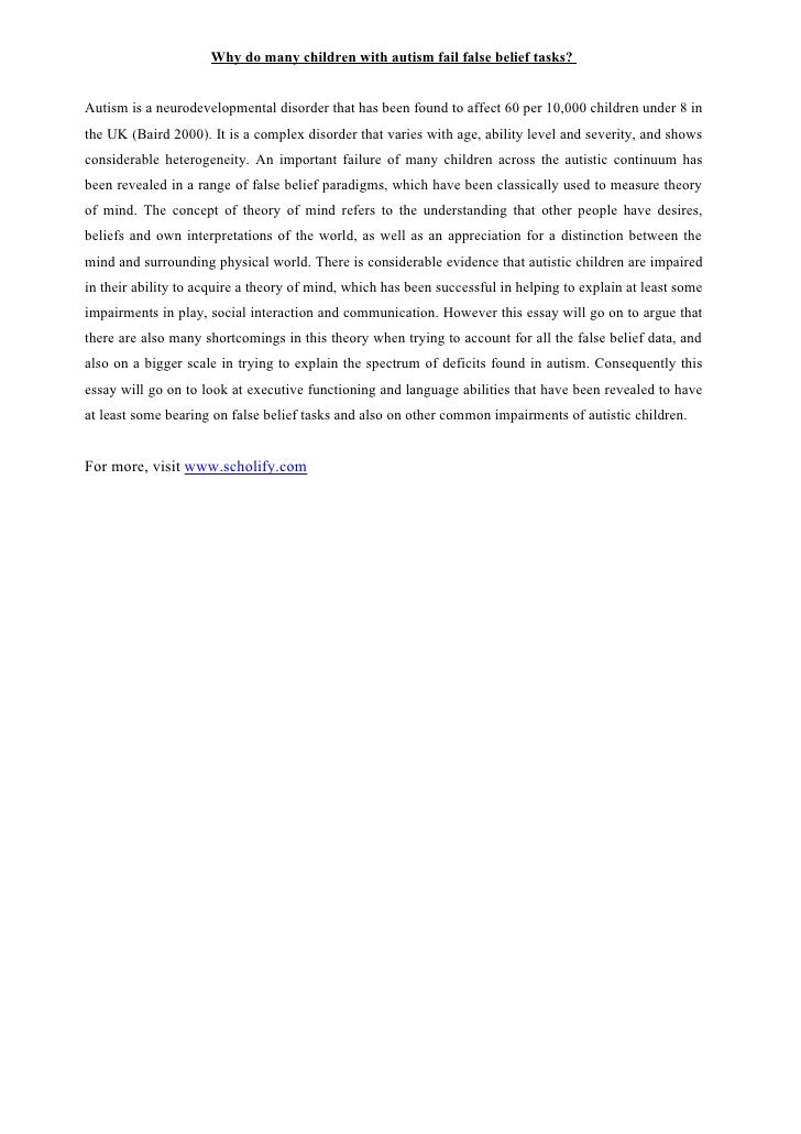 Scholify Essay Development Autism Why Do Many Children With Autism Fail False Belief Tasks Autism Is A Neurodevelopmental Disorder Essay Topics For High School English also Thesis Examples In Essays Example Proposal Essay