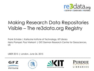 Making Research Data Repositories
Visible – The re3data.org Registry
Frank Scholze | Karlsruhe Institute of Technology, KIT Library
Heinz Pampel, Paul Vierkant | GFZ German Research Centre for Geosciences,
LIS
LIBER 2015 | London, June 26, 2015
 