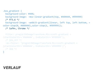 .box_gradient	
  {	
  
	
  	
  background-­‐color:	
  #444;
	
  	
  background-­‐image:	
  -­‐moz-­‐linear-­‐gradient(top,	
  #444444,	
  #999999)
	
  	
  /*	
  FF3.6	
  */	
  
	
  	
  background-­‐image:	
  -­‐webkit-­‐gradient(linear,	
  left	
  top,	
  left	
  bottom,	
  »
color-­‐stop(0,	
  #444444),color-­‐stop(1,	
  #999999));	
  
	
  	
  /*	
  Saf4+,	
  Chrome	
  */
	
  	
  filter:	
  progid:DXImageTransform.Microsoft.gradient	
  »	
  
(startColorStr='#444444',	
  EndColorStr='#999999');	
  
	
  	
  /*	
  IE6,IE7	
  */	
  
	
  	
  -­‐ms-­‐filter:	
  "progid:DXImageTransform.Microsoft.gradient	
  »	
  
(startColorStr='#444444',	
  EndColorStr='#999999')";	
  
	
  	
  /*	
  IE8	
  */
}
VERLAUF
 