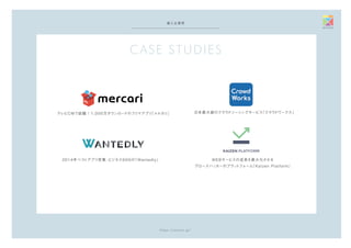 https://schoo.jp/
導入企業例
日本最大級のクラウドソーシングサービス「クラウドワークス」
WEBサービスの成長を最大化させる
グロースハッカーのプラットフォーム「Kaizen Platform」
テレビCMで話題！1,000万ダウンロードのフリマアプリ「メルカリ」
2014年ベストアプリ受賞、ビジネスSNSの「Wantedly」
CASE STUDIES
 