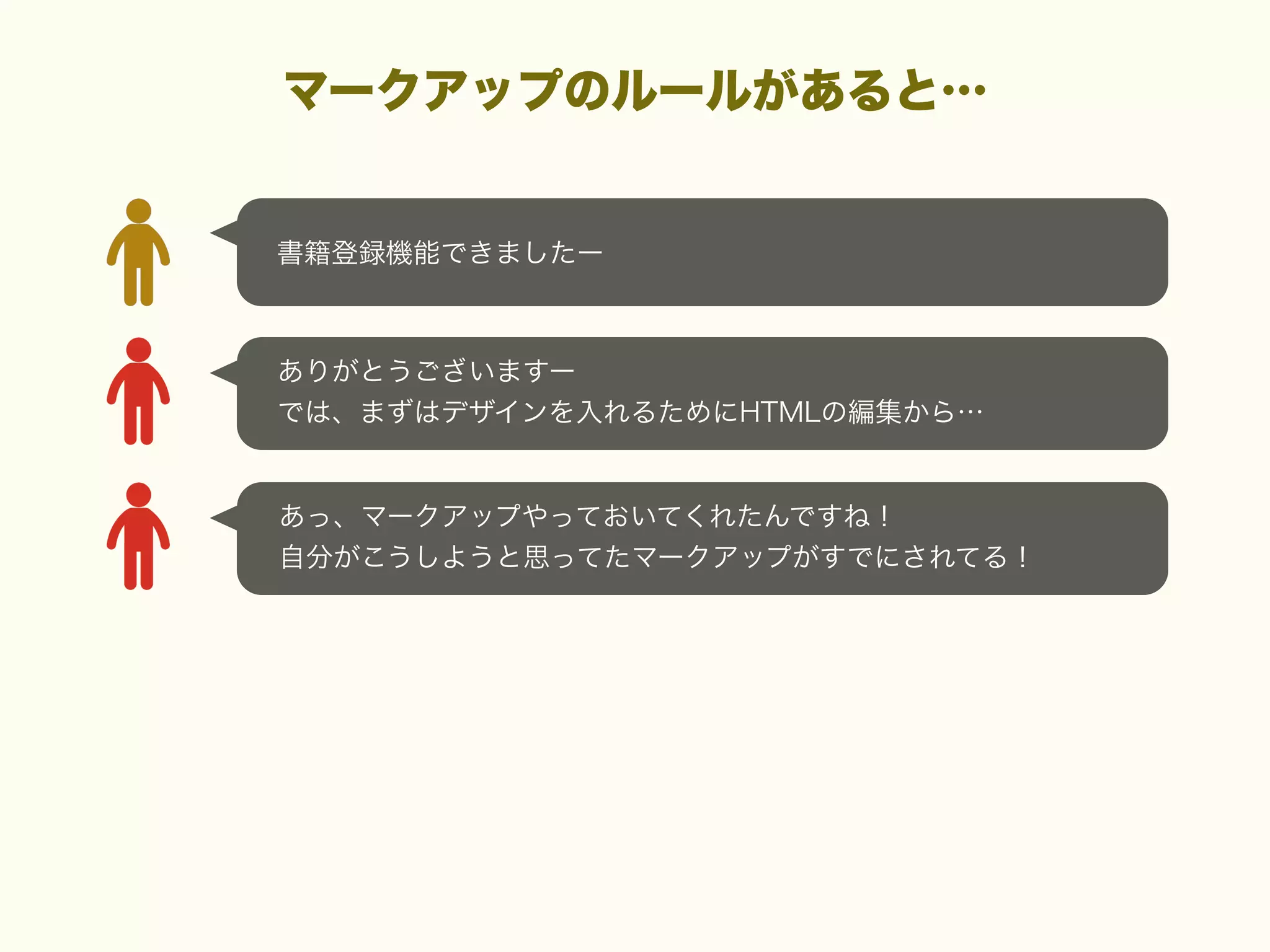 マークアップのルールがあると…

書籍登録機能できましたー

ありがとうございますー
では、まずはデザインを入れるためにHTMLの編集から…

あっ、マークアップやっておいてくれたんですね！
自分がこうしようと思ってたマークアップがすでにされてる！

 