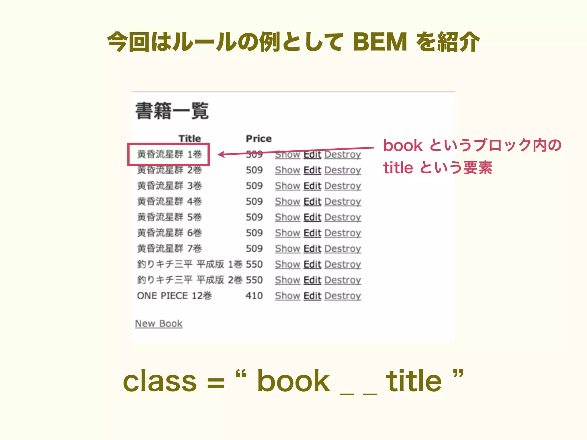 今回はルールの例として BEM を紹介

book というブロック内の
title という要素

class =

book _ _ title

 