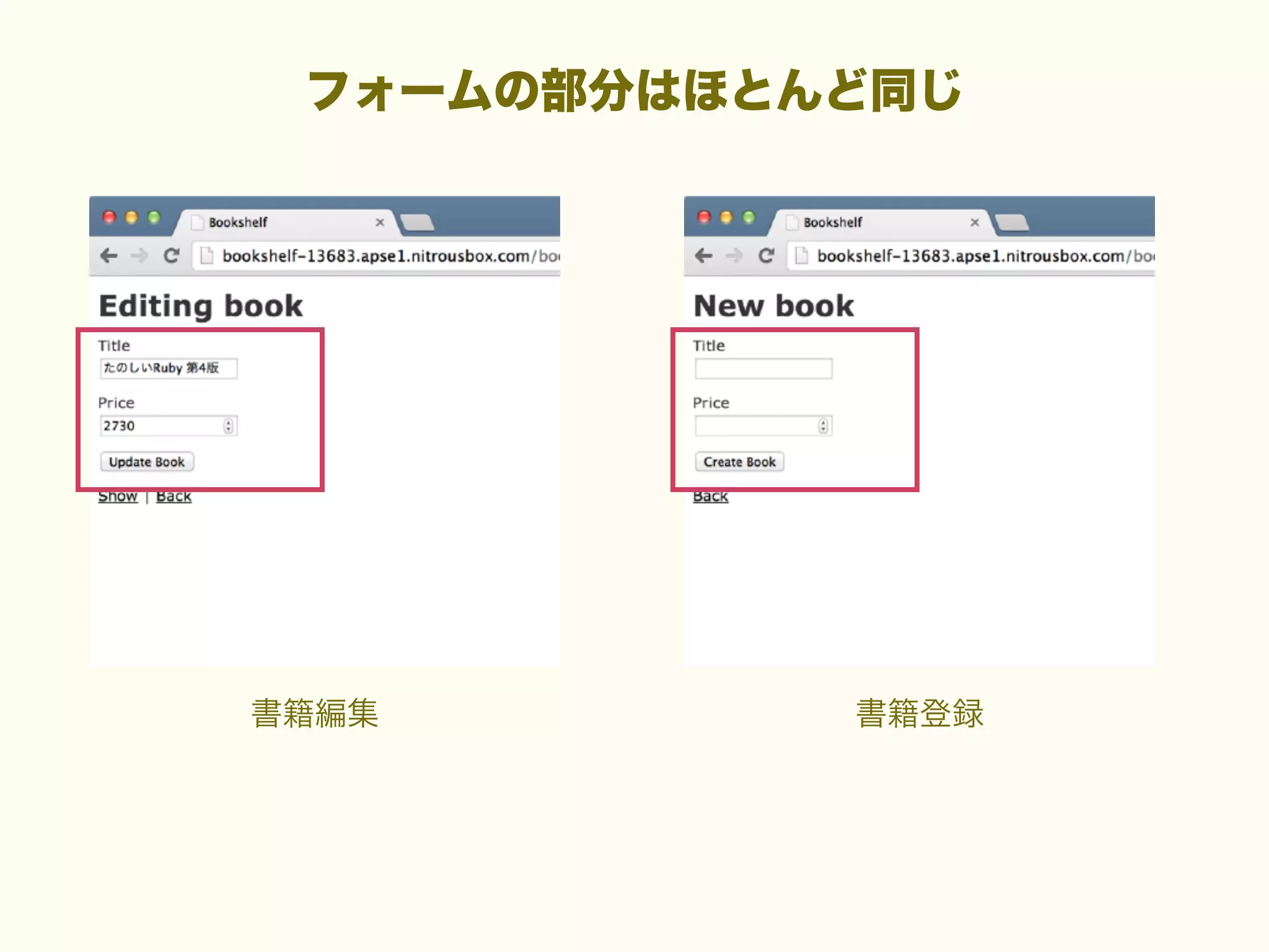 フォームの部分はほとんど同じ

書籍編集

書籍登録

 