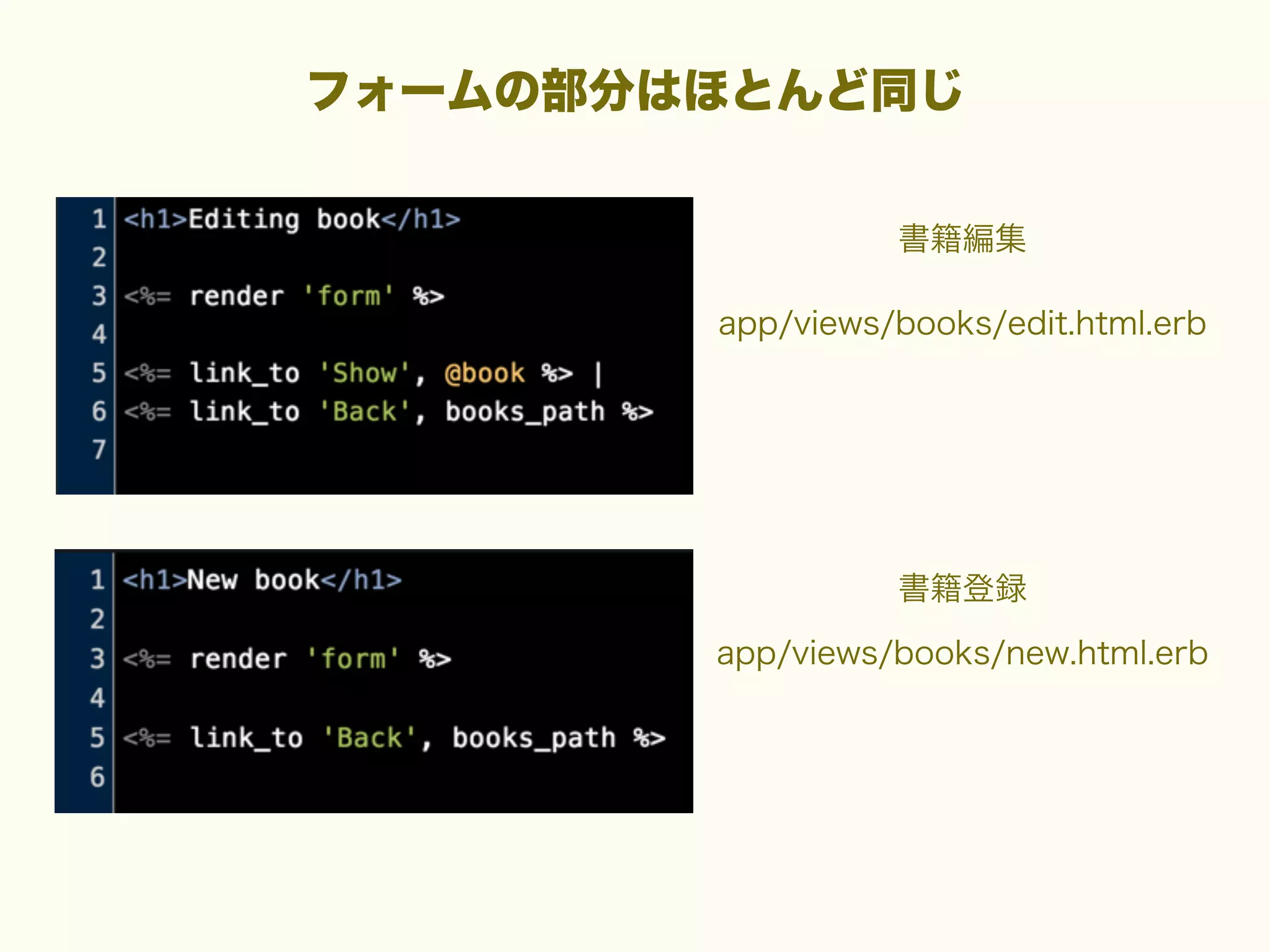フォームの部分はほとんど同じ
書籍編集
app/views/books/edit.html.erb

書籍登録
app/views/books/new.html.erb

 
