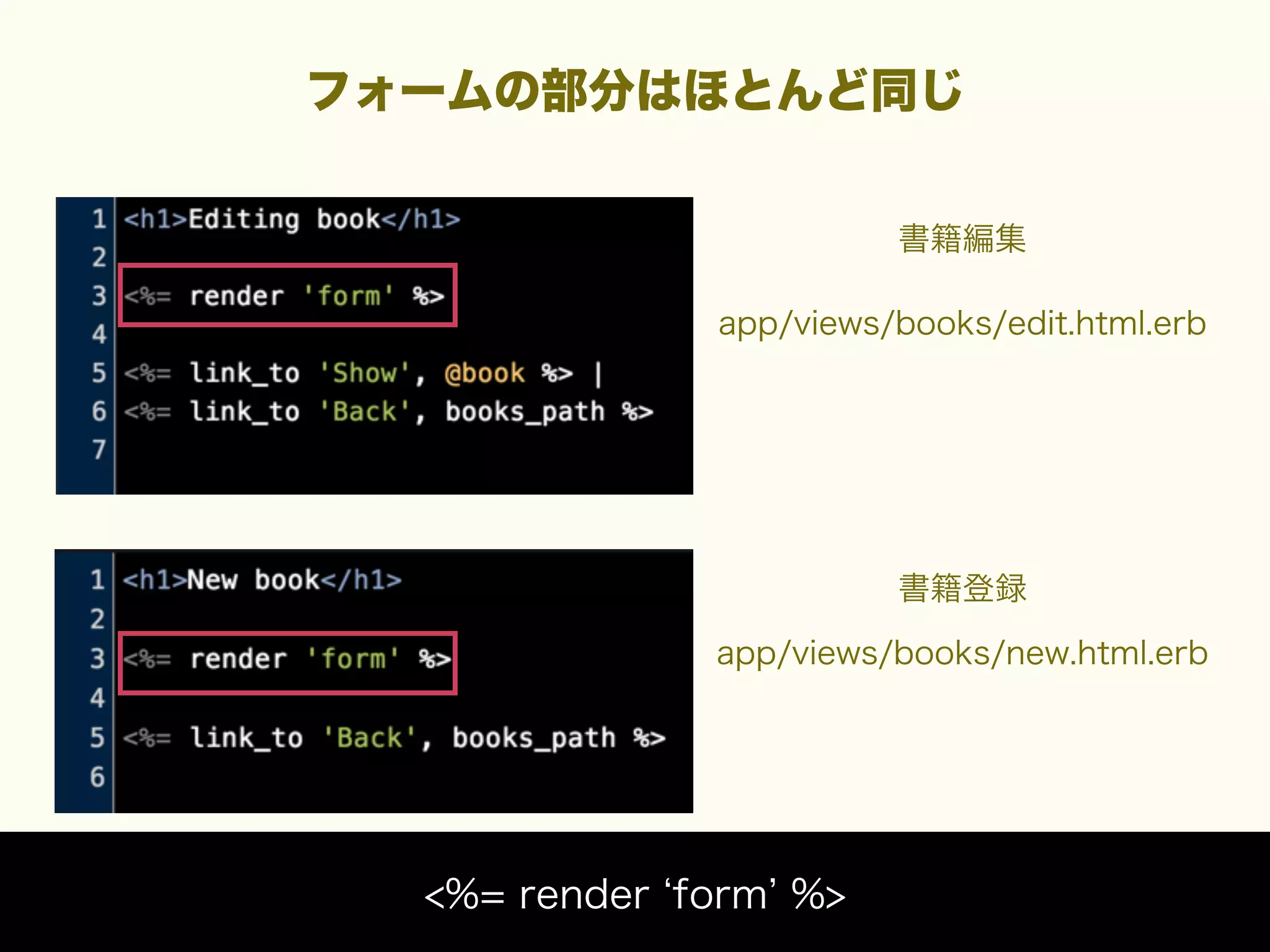 フォームの部分はほとんど同じ
書籍編集
app/views/books/edit.html.erb

書籍登録
app/views/books/new.html.erb

<%= render form %>

 