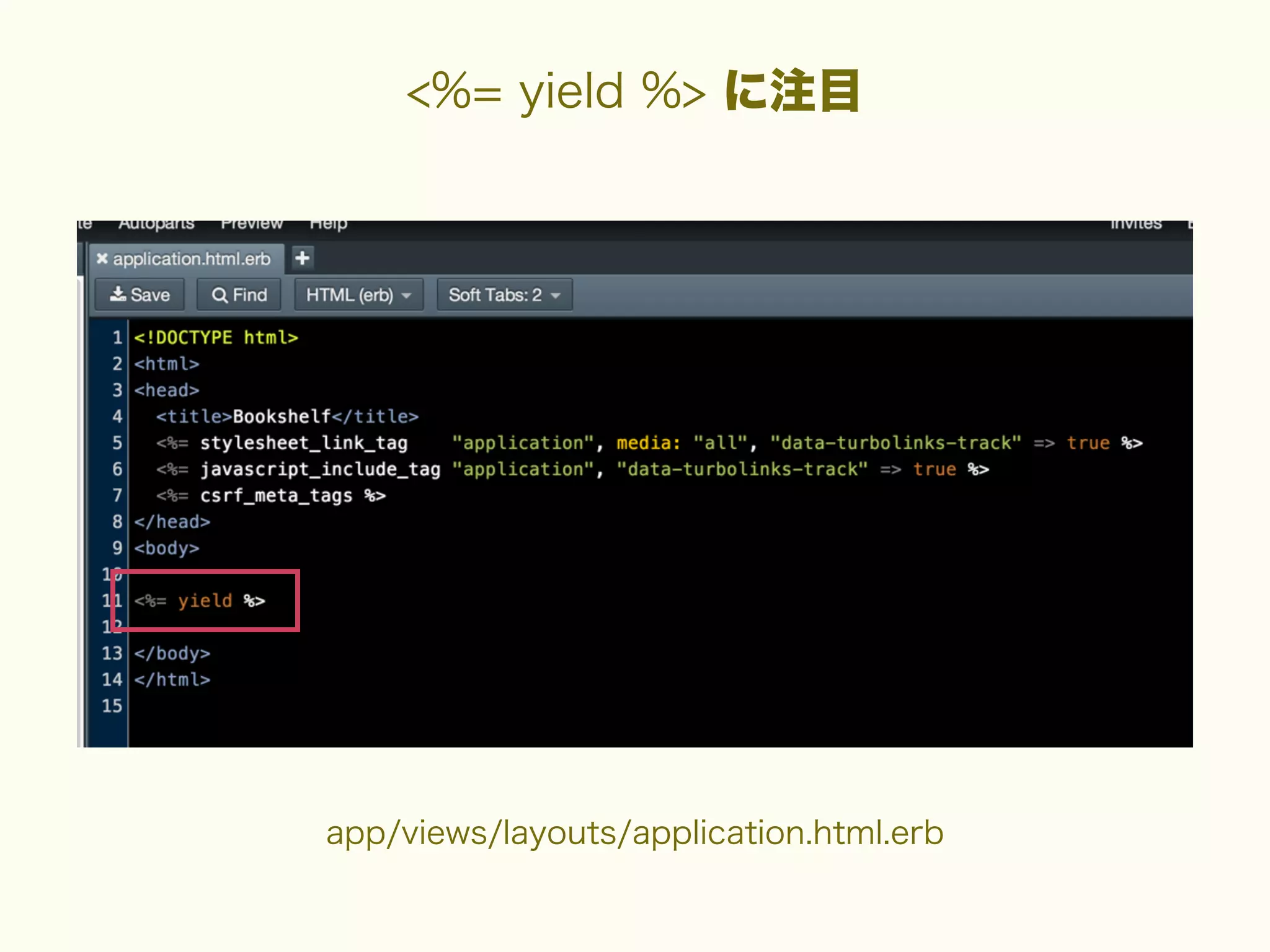 <%= yield %> に注目

app/views/layouts/application.html.erb

 