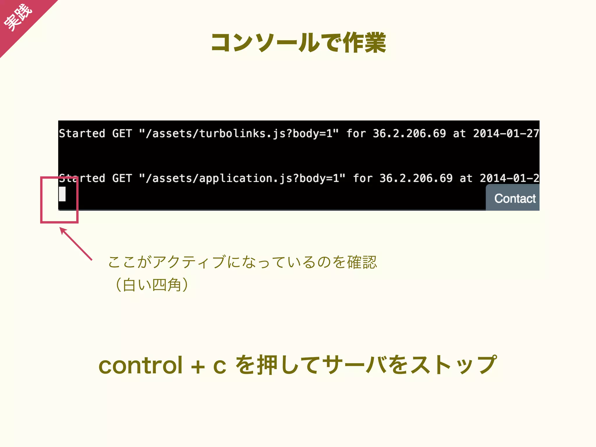践

実

コンソールで作業

ここがアクティブになっているのを確認
（白い四角）

control + c を押してサーバをストップ

 