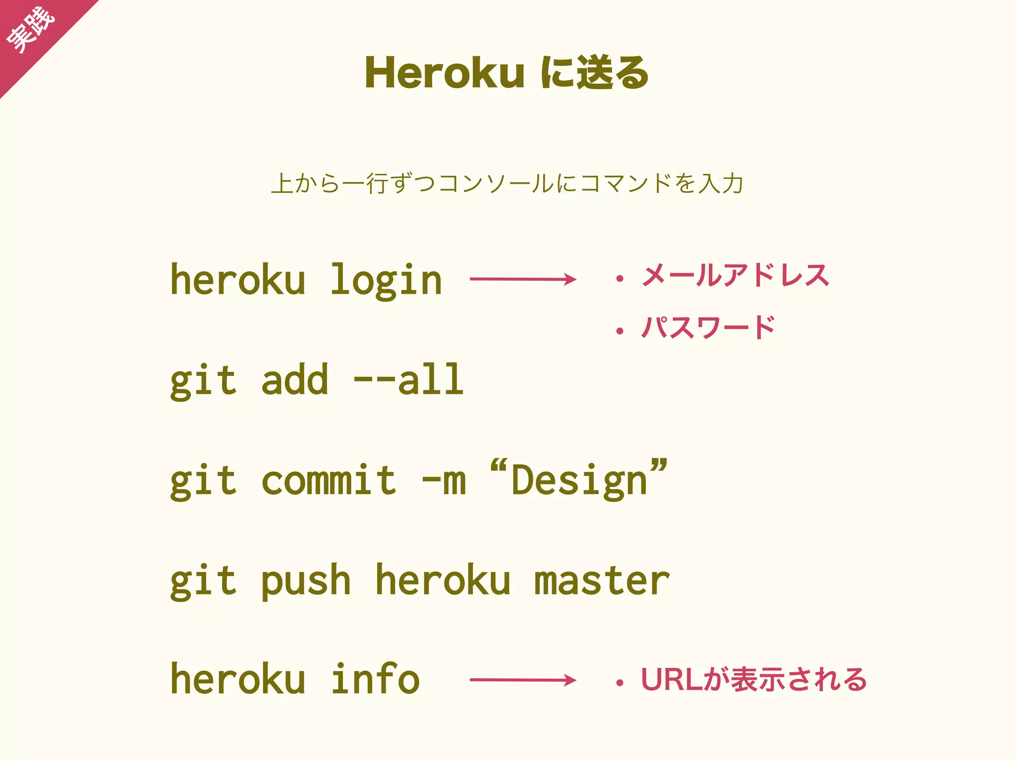 践

実

Heroku に送る
上から一行ずつコンソールにコマンドを入力

heroku login

•

メールアドレス

•

パスワード

git add --all
git commit -m“Design”
git push heroku master
heroku info

•

URLが表示される

 
