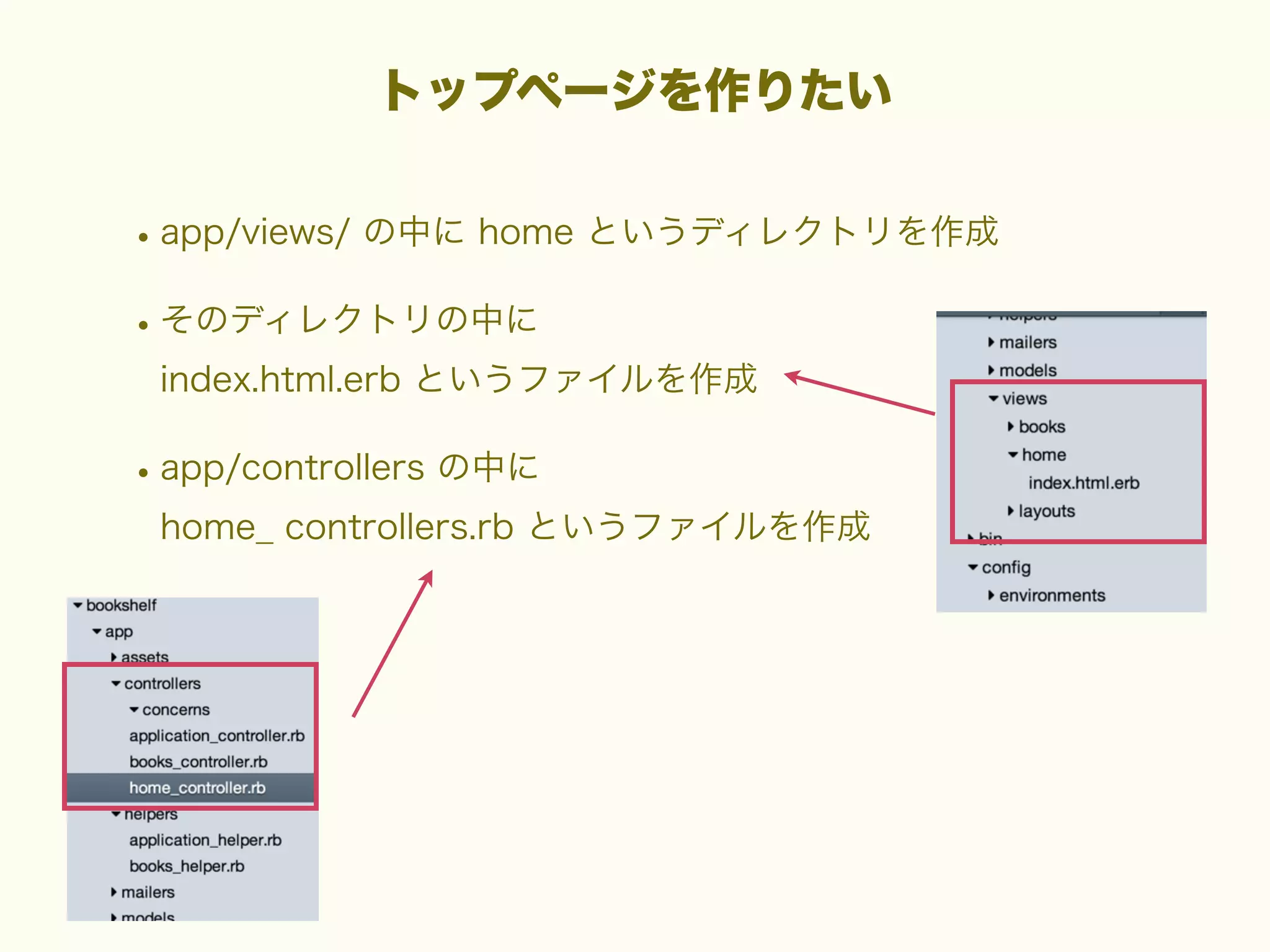 トップページを作りたい

• app/views/ の中に home というディレクトリを作成
• そのディレクトリの中に
index.html.erb というファイルを作成

• app/controllers の中に
home_ controllers.rb というファイルを作成

 