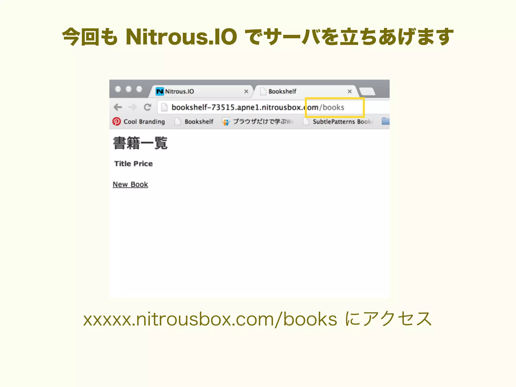 今回も Nitrous.IO でサーバを立ちあげます

xxxxx.nitrousbox.com/books にアクセス

 