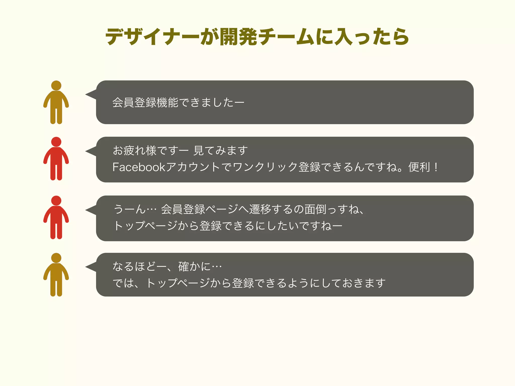 デザイナーが開発チームに入ったら

会員登録機能できましたー

お疲れ様ですー 見てみます
Facebookアカウントでワンクリック登録できるんですね。便利！

うーん… 会員登録ページへ遷移するの面倒っすね、
トップページから登録できるにしたいですねー

なるほどー、確かに…
では、トップページから登録できるようにしておきます

 