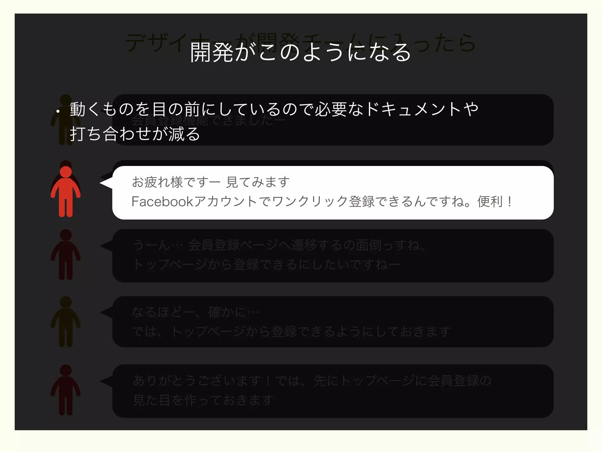 デザイナーが開発チームに入ったら
開発がこのようになる
•

動くものを目の前にしているので必要なドキュメントや
会員登録機能できましたー
打ち合わせが減る
お疲れ様ですー 見てみます
お疲れ様ですー 見てみます
Facebookアカウントでワンクリック登録できるんですね。便利！
うーん… 会員登録ページへ遷移するの面倒っすね、
トップページから登録できるにしたいですねー

なるほどー、確かに…
では、トップページから登録できるようにしておきます

ありがとうございます！では、先にトップページに会員登録の
見た目を作っておきます

 