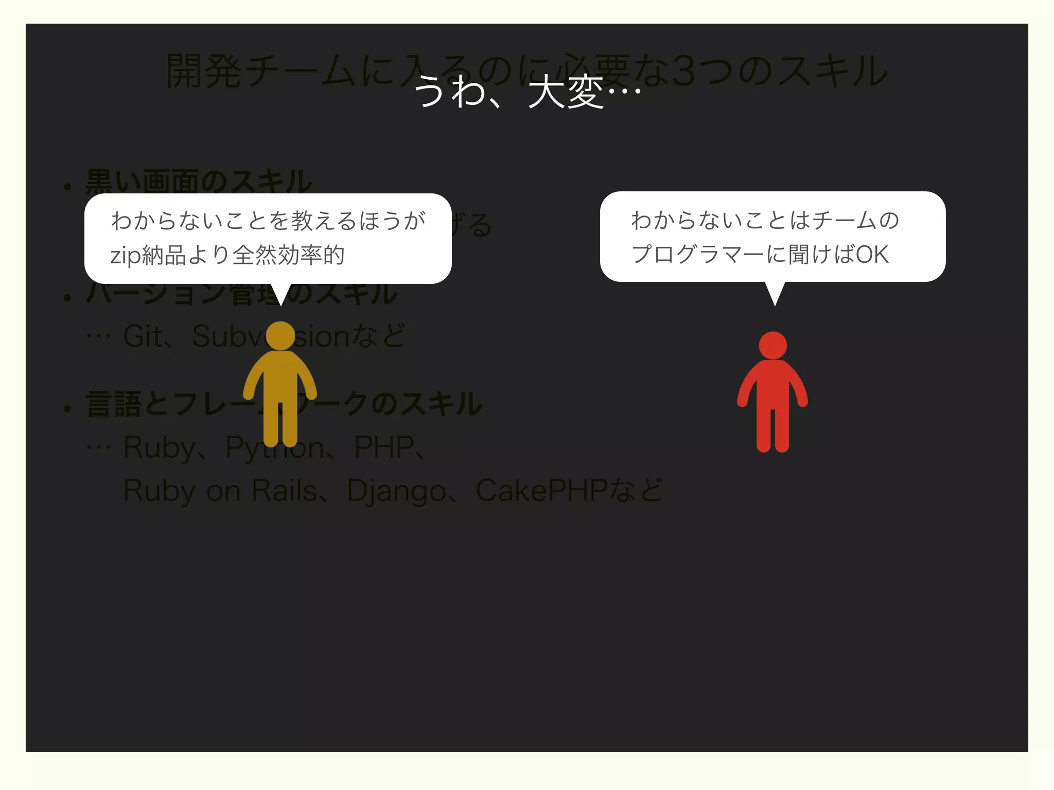 開発チームに入るのに必要な3つのスキル
うわ、大変…

• 黒い画面のスキル
…わからないことを教えるほうが
手元でシステムを立ち上げる
zip納品より全然効率的

わからないことはチームの
プログラマーに聞けばOK

• バージョン管理のスキル
… Git、Subversionなど

• 言語とフレームワークのスキル
… Ruby、Python、PHP、
Ruby on Rails、Django、CakePHPなど

 