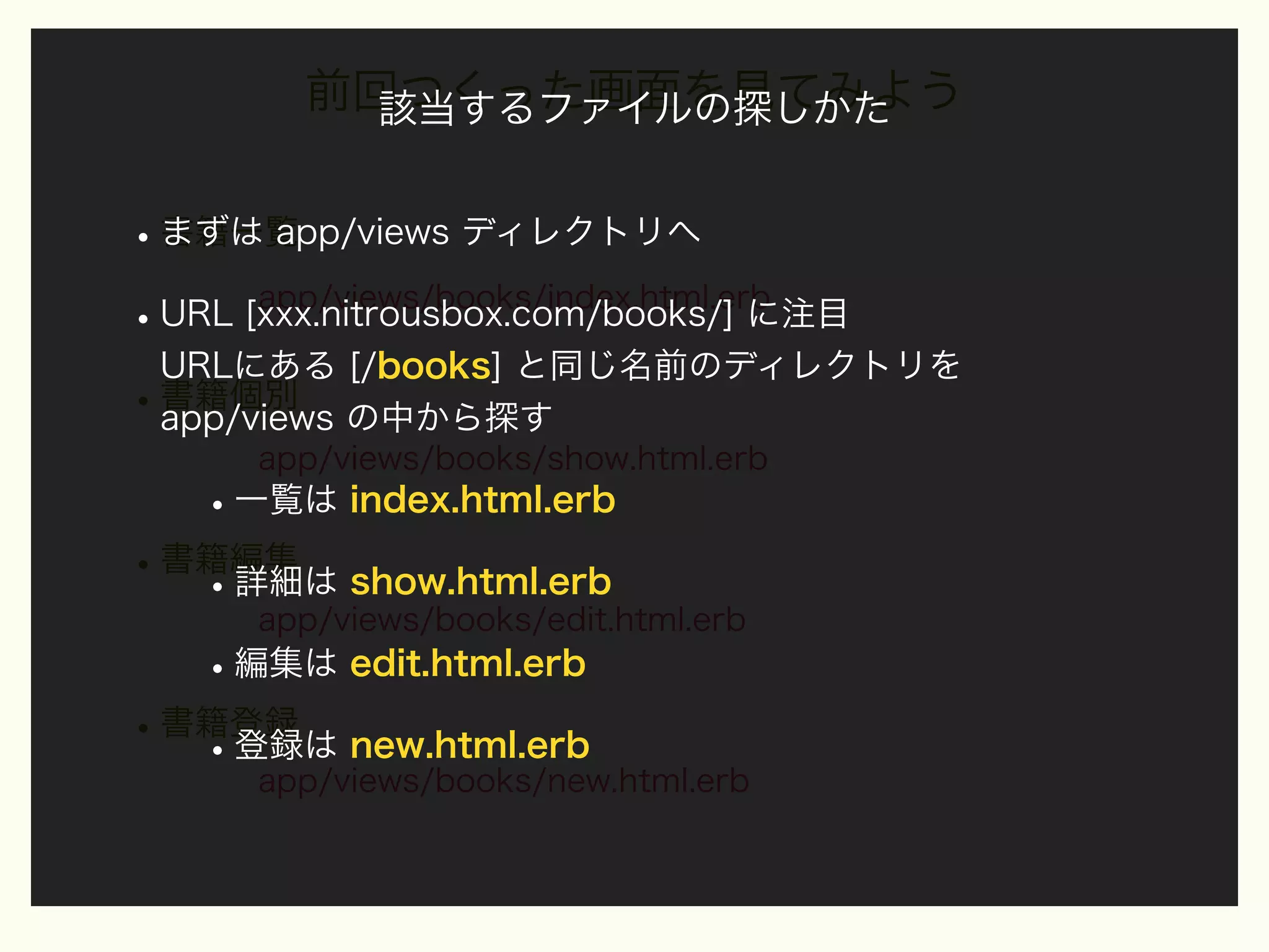 前回つくった画面を見てみよう
該当するファイルの探しかた
まずは app/views ディレクトリへ
• 書籍一覧
app/views/books/index.html.erb
URL [xxx.nitrousbox.com/books/] に注目
•
URLにある [/books] と同じ名前のディレクトリを
• 書籍個別 の中から探す
app/views
app/views/books/show.html.erb

• 一覧は index.html.erb
• 書籍編集 show.html.erb
• 詳細は
app/views/books/edit.html.erb
• 編集は edit.html.erb
• 書籍登録 new.html.erb
• 登録は
app/views/books/new.html.erb

 