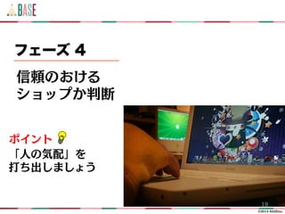 ©2014 BASEinc.
信頼のおける
ショップか判断
フェーズ 4
19
「人の気配」を
打ち出しましょう
ポイント
 