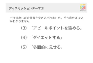 ディスカッションテーマ②	
  
（3）「アピールポイントを強める」
（4）「ダイエットする」
（5）「多面的に見せる」
一度提出した企画書を突き返されました。どう直せばよい
かわかりません
 