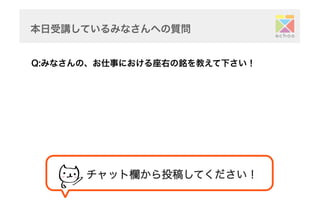 本日受講しているみなさんへの質問	
Q:みなさんの、お仕事における座右の銘を教えて下さい！	
チャット欄から投稿してください！	
 