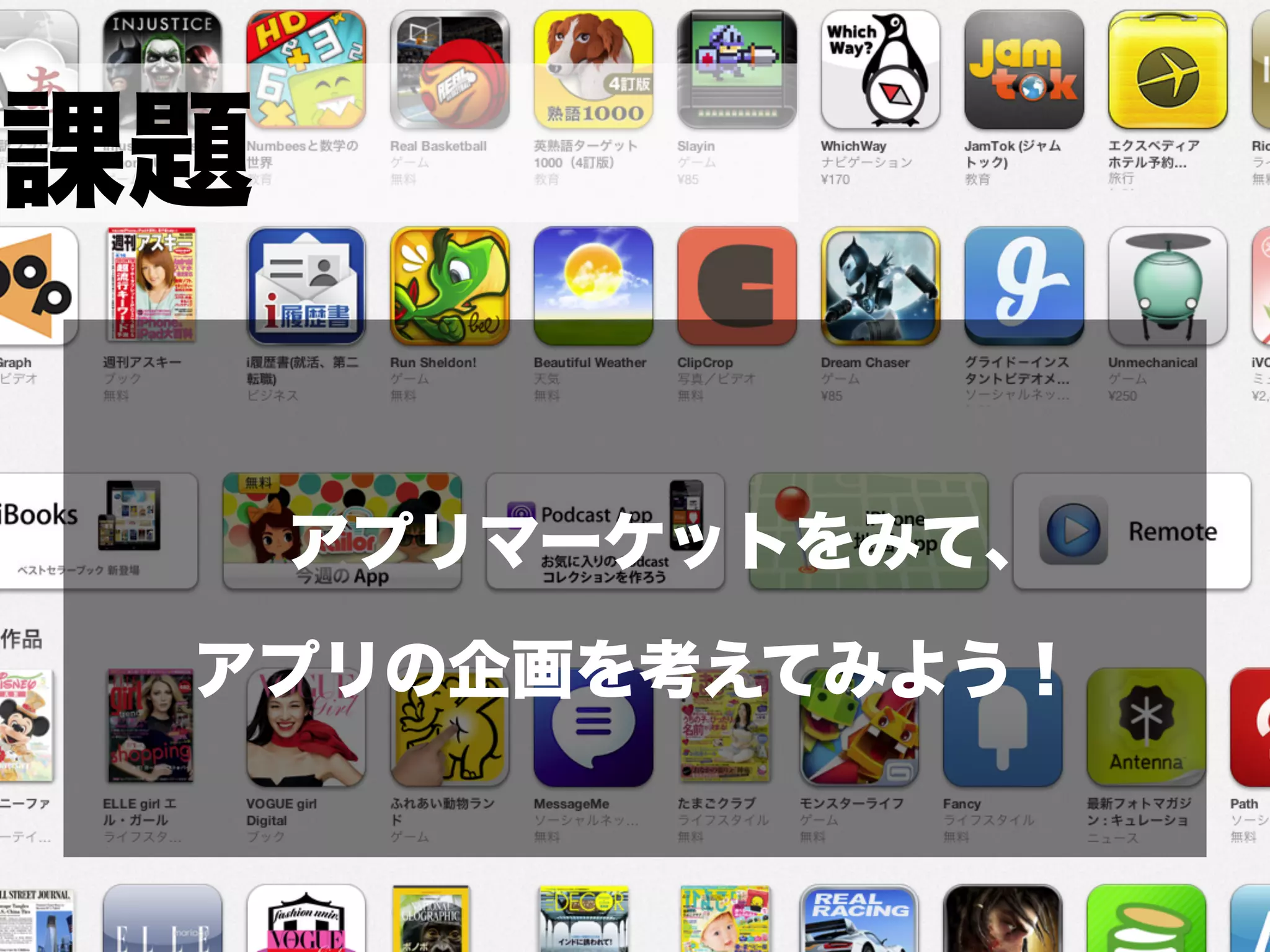 課題

     アプリマーケットをみて、

 アプリの企画を考えてみよう！
 