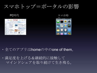 スマホトップ＝ポータルの影響
   PC時代             スマホ時
                    代




・全てのアプリはhomeの中のone of them。

・満足度を上げる＆継続的に接触して
 マインドシェアを取り続けて生き残る。
 