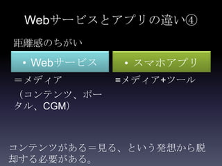 Webサービスとアプリの違い④
距離感のちがい

 • Webサービス    • スマホアプリ
＝メディア        =メディア+ツール
（コンテンツ、ポー
タル、CGM）



コンテンツがある＝見る、という発想から脱
却する必要がある。
 