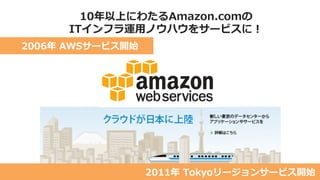 10年以上にわたるAmazon.comの
ITインフラ運用ノウハウをサービスに！
2006年 AWSサービス開始
2011年 Tokyoリージョンサービス開始
 