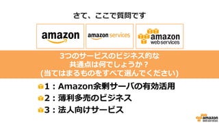 さて、ここで質問です
3つのサービスのビジネス的な
共通点は何でしょうか？
(当てはまるものをすべて選んでください)
1：Amazon余剰サーバの有効活用
2：薄利多売のビジネス
3：法人向けサービス
 