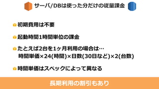 台数×時間
200台を2時間なら…
時間単価×200(台数)×2(時間)
2台を200時間なら…
時間単価×2(台)×200(時間)
たとえば…1,000台のサーバを使って、
1時間だけ計算処理をすることも可能
同じ料金
 